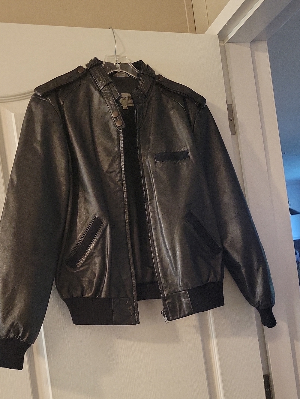 Members Only Black Leather Bomber Jacket with Epaulets
